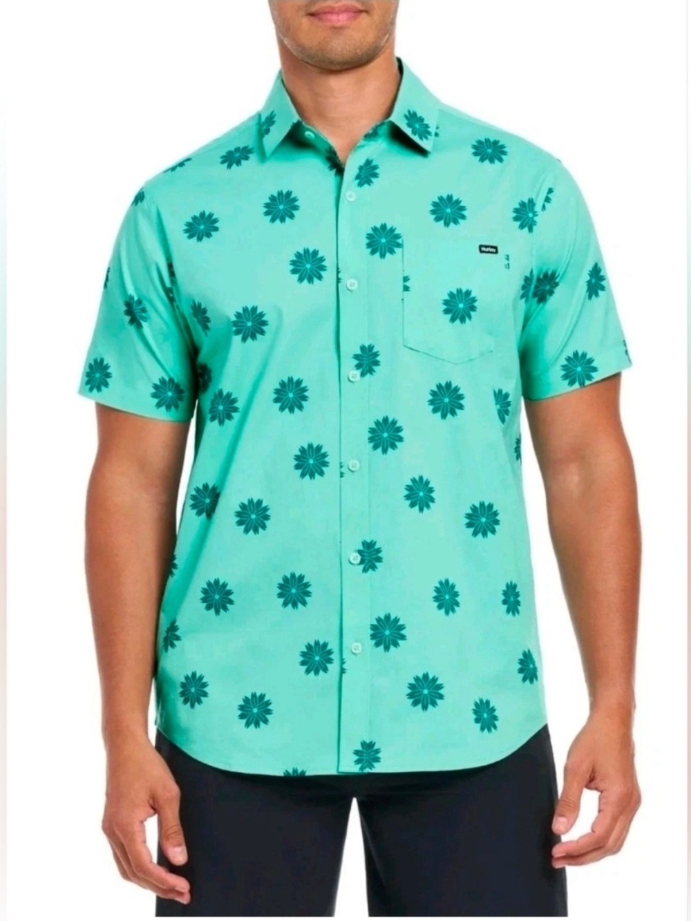 Hurley Patio Printed Woven Short Sleeve Floral Button-Up Shirt Turquoise NWT
